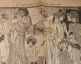 Butterick 1907 pattern advertising flyer for home sewers, April Spring Fashions, vintage fashion history resource