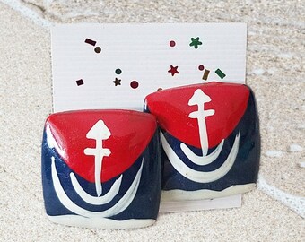 1980s Big Square Nautical Earrings, red white blue anchor, plastic, posts