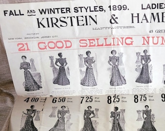 1899 Rare Advertising Poster, Women's Wrappers, 21 antique dresses store ad, original broadside Kirstein & Hambro