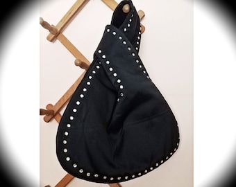 1960s Arnold Scaasi Purse, Black Satin Studded Rhinestones, Mod vintage, designer wristie evening bag