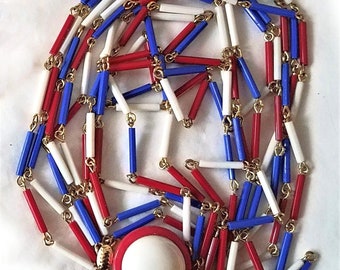 5 Chain Necklace, vintage 1970s Red White Blue, glass bugle beads, patriotic colors