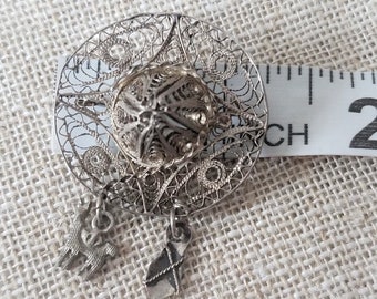 Argentina Sombrero Pin, Llama and sandal charms, Silver Wire handmade