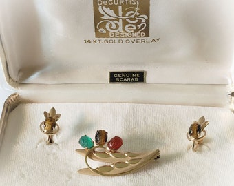 Vintage De Curtis Scarab Jewelry pin, earrings, 1/20 14K Gold filled, genuine stones, original presentation box