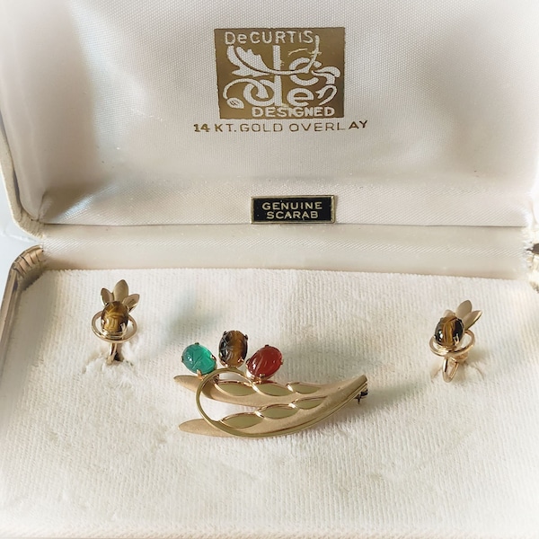 Vintage De Curtis Scarab Jewelry pin, earrings, 1/20 14K Gold filled, genuine stones, original presentation box