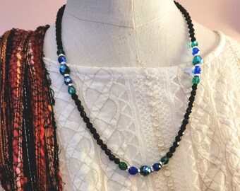 Midnight Black Shimmer Necklace, Vintage 1980s, blue green accents, single strand