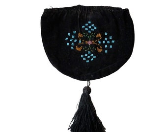 Victorian black velvet beaded bag, silk tassel, reticule, no closure, vintage supply fabric