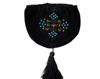 Victorian beaded black velvet bag, silk tassel, reticule, no closure, vintage supply fabric or restore