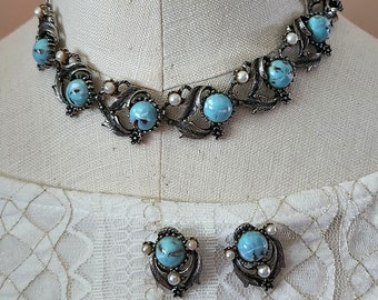 1950s Necklace Earrings Set, faux turquois cab, old silver tone metal