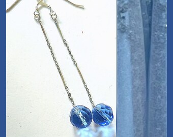 Long Blue Crystal Earrings, sleek silver chain, dangle vintage beads, OOAK