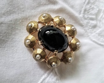 Castlecliff Pin, Victorian Revival vintage signed jewelry, black / gold tone / faux pearls