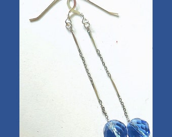 Floating Crystal Earrings, blue drops on long silver chain, minimalist, upcycled vintage OOAK