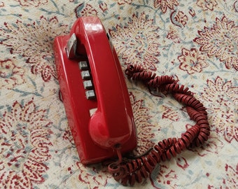 Red Telephone, push button wall mount, vintage 1970s Stromberg Carlson, prop or restore, as is