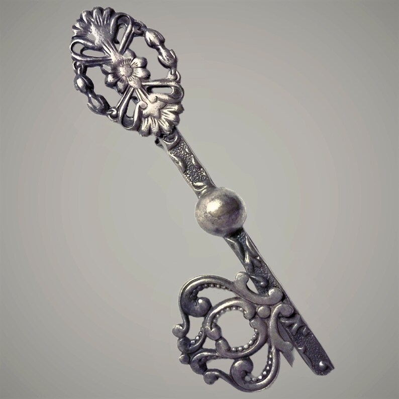 Large Key Pin, old silver plated, Victorian Revival, unisex image 2