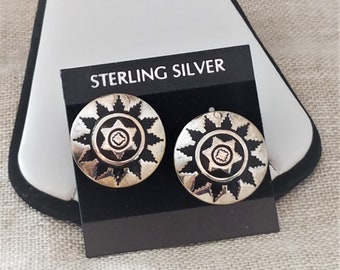 1990s Sterling Earrings, black feather wheel, concho disc,  vintage Native American design Swift Arrow NOS
