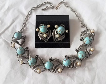 1950s Necklace Earrings Set, faux turquois cab, old silver tone metal