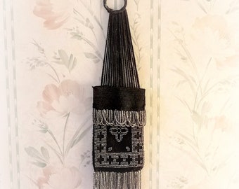 Victorian Beaded Bag, Steel Beads/ Black Silk Crochet,  B Monogram, Cross Designs, ring top, OOAK antique purse