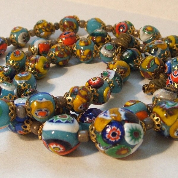 Vintage Millefiori Art Glass Beads Necklace Graduated 24 inch