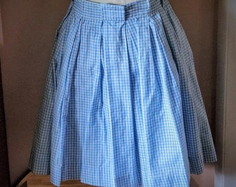 Blue Gingham Mini Skirt Vintage 1960s pleated, homemade, 24 inch waist