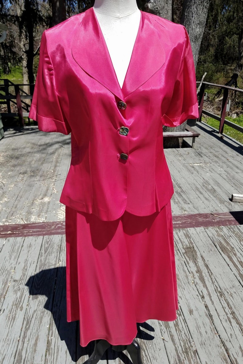 2 pc Vintage 1940s Skirt /& Jacket hot pink raspberry taffeta M size womens suit dress separates