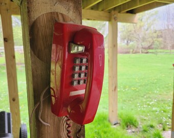 Red Telephone, push button wall mount, vintage 1970s Stromberg Carlson, prop or restore, as is