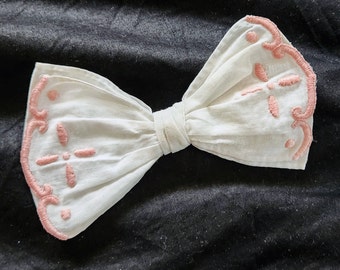 Antique Bow Tie, pink embroidery/ white cotton lawn, rare handmade vintage womens blouse accessory, OOAK