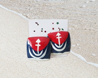 1980s Big Square Nautical Earrings, red white blue anchor, plastic, posts