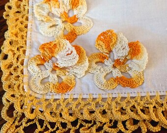 Vintage Hankie Yellow Crochet Pansies, vintage 1950s handkerchief