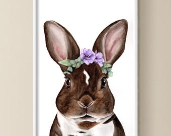 Floral Bunny Wall Art Bunny Nursery Printable Art Flower Crown Bunny, Girls Room Decor, Farmhouse Decor, Easter Bunny Digital Print