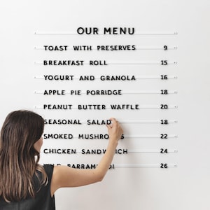 Quadro de menu com letras magnéticas, quadro de exibição de letras magnéticas grandes, quadro de menu de parede para cafés, display de menu com letras grandes, menu de parede para cafés