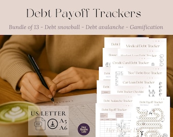 May include: A person writing on a debt payoff tracker. The image shows a bundle of 13 trackers, including debt snowball and avalanche options. The text on the image says "Debt Payoff Trackers" and "US LETTER".