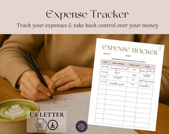 Puede incluir: Una hoja de seguimiento de gastos con el título "Expense Tracker" y el texto "Track your expenses & take back control over your money." La hoja incluye columnas para la fecha, los artículos comprados, la cantidad pagada y el valor.