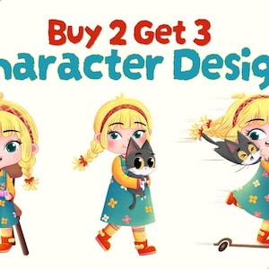 May include: A digital illustration featuring three poses of a blonde character with braided hair wearing a teal floral dress, yellow long-sleeve shirt, and red boots. The text Buy 2 Get 3 Character Design is displayed in red and teal lettering.