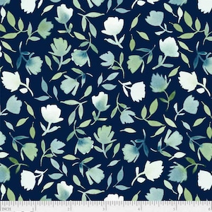 May include: A navy blue fabric with a repeating pattern of white and green watercolor flowers and leaves. The fabric has a ruler with inches marked on it and the text "WSON 5178 N" at the bottom.