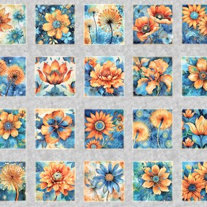 May include: A digital collage of 18 watercolor flower illustrations. The flowers are in shades of orange, yellow, and blue. The background is a light gray.