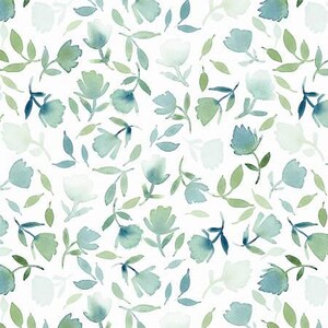 May include: A seamless pattern featuring watercolor illustrations of blue and green flowers and leaves on a white background.