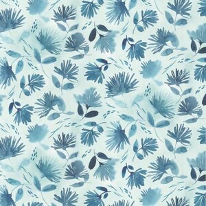 May include: A seamless pattern featuring blue watercolor floral designs on a light blue background. The pattern is made up of stylized flowers and leaves.