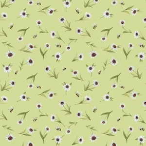 May include: A seamless pattern featuring white daisies with yellow centers on a light green background. Small brown bees are scattered throughout the pattern.