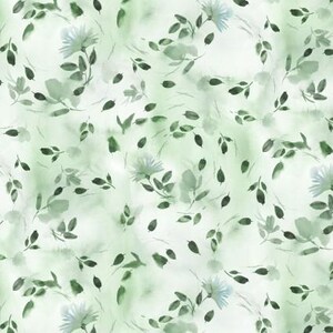 May include: A seamless pattern featuring delicate watercolor illustrations of green leaves and white flowers on a light green background.