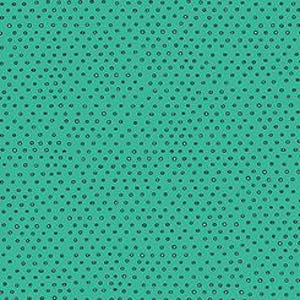 May include: Teal fabric with a repeating pattern of small, irregularly spaced black dots. The dots vary slightly in size and density, creating a textured appearance. The fabric has a smooth surface and a consistent color throughout.