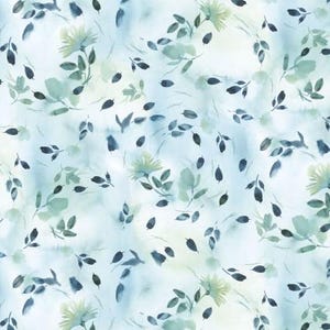 May include: A seamless pattern featuring watercolor illustrations of blue and green leaves and flowers on a light blue background.