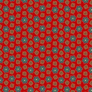 May include: A red background with a repeating pattern of blue and green stylized flowers. The flowers have a white center and are outlined in black.