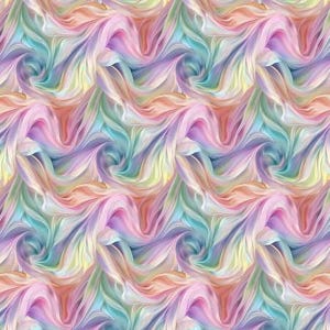May include: A seamless pattern featuring a swirling, abstract design in a variety of pastel colors. The pattern includes shades of pink, purple, blue, yellow, and orange, creating a soft, flowing effect. The design is reminiscent of flowing fabric or paint.