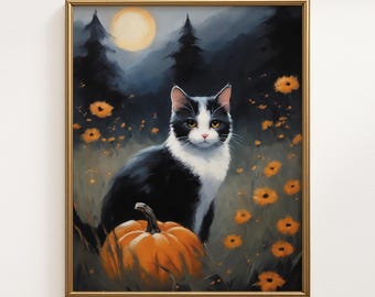 May include: A framed painting of a black and white cat sitting in a field with an orange pumpkin. The background features a full moon, dark trees, and orange flowers. The artwork has a gold frame.