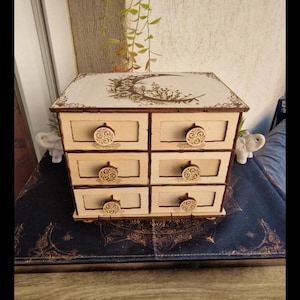 mini commode 6 tiroirs symbole lune florale, décoration d'autel, boîte à bijoux mystique, rangement carte de tarot, boîte d'apothicaire