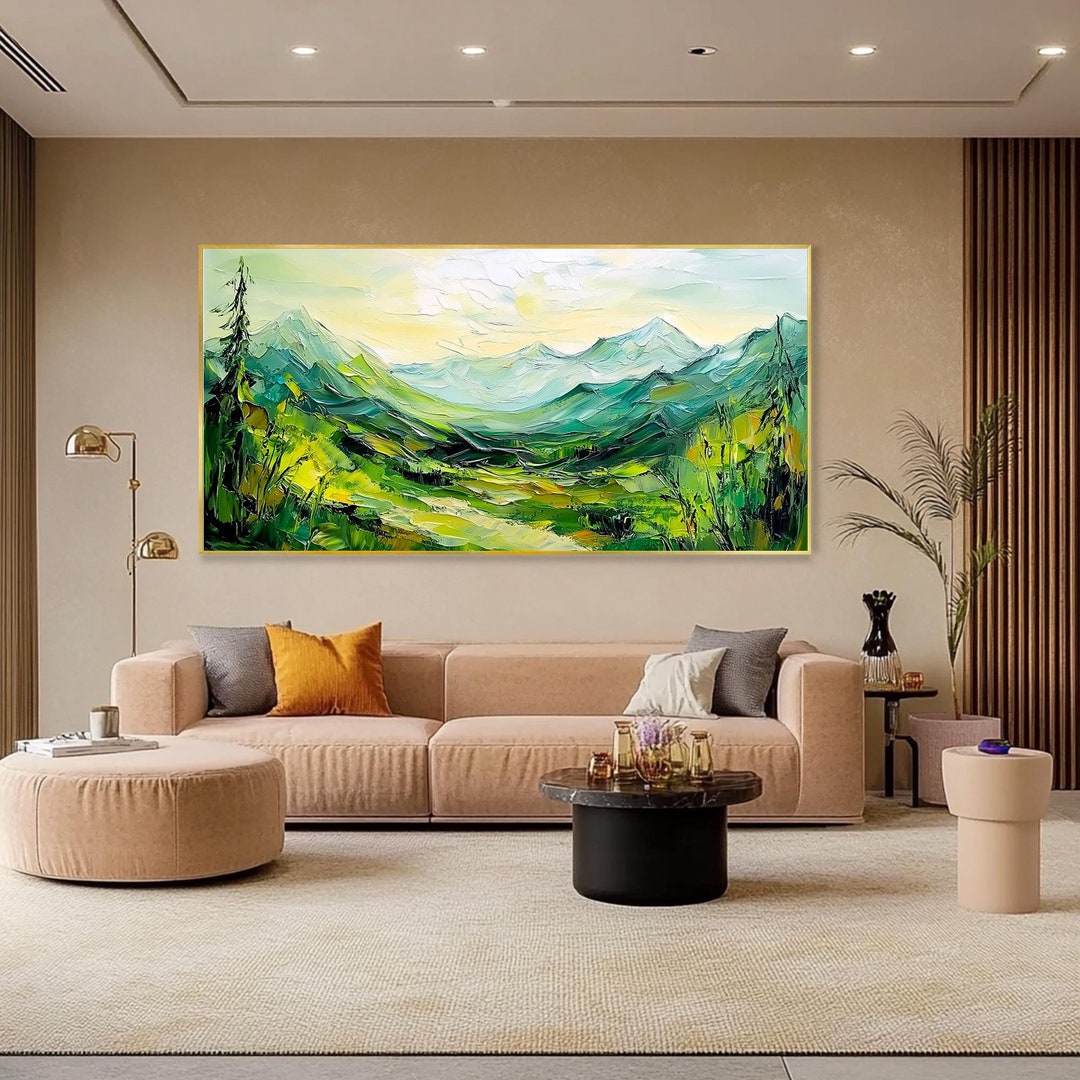 Original 3D Textured Wall Art Green Mountain Painting on Canvas Custom ...