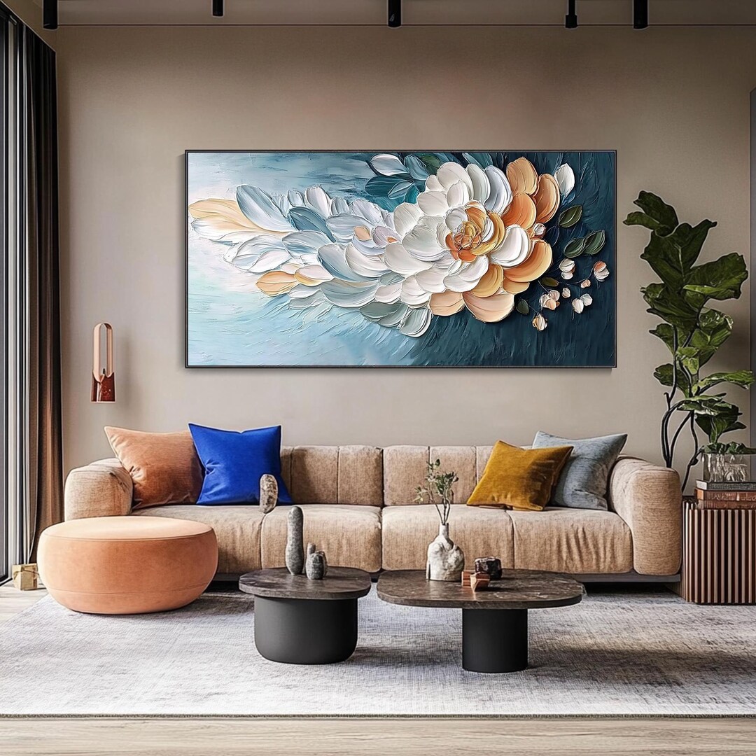 Original Floral Painting on Canvas 3D Textured Wall Art Modern White ...