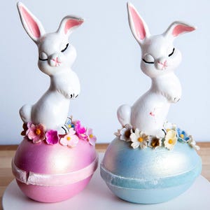 Vintage Anthropomorphic White Easter Bunny on Egg Ceramic Tabletop Décor Set of 2