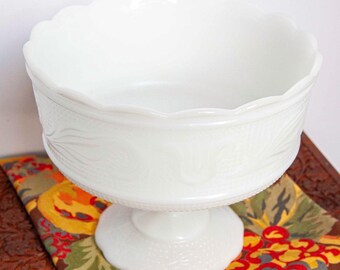 Vintage E.O. Brody White Milk Glass Grecian Pedestal Planter Compote Bowl