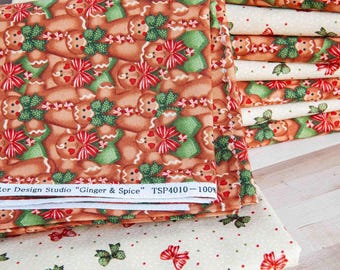 Gingerbread Spice & Bows Coordinating Christmas Quilting Cotton Fabric Pair