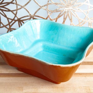 Vintage Haeger Pottery Turquoise and Brown Dripware Planter Art Bowl 11" Diagonal *Read